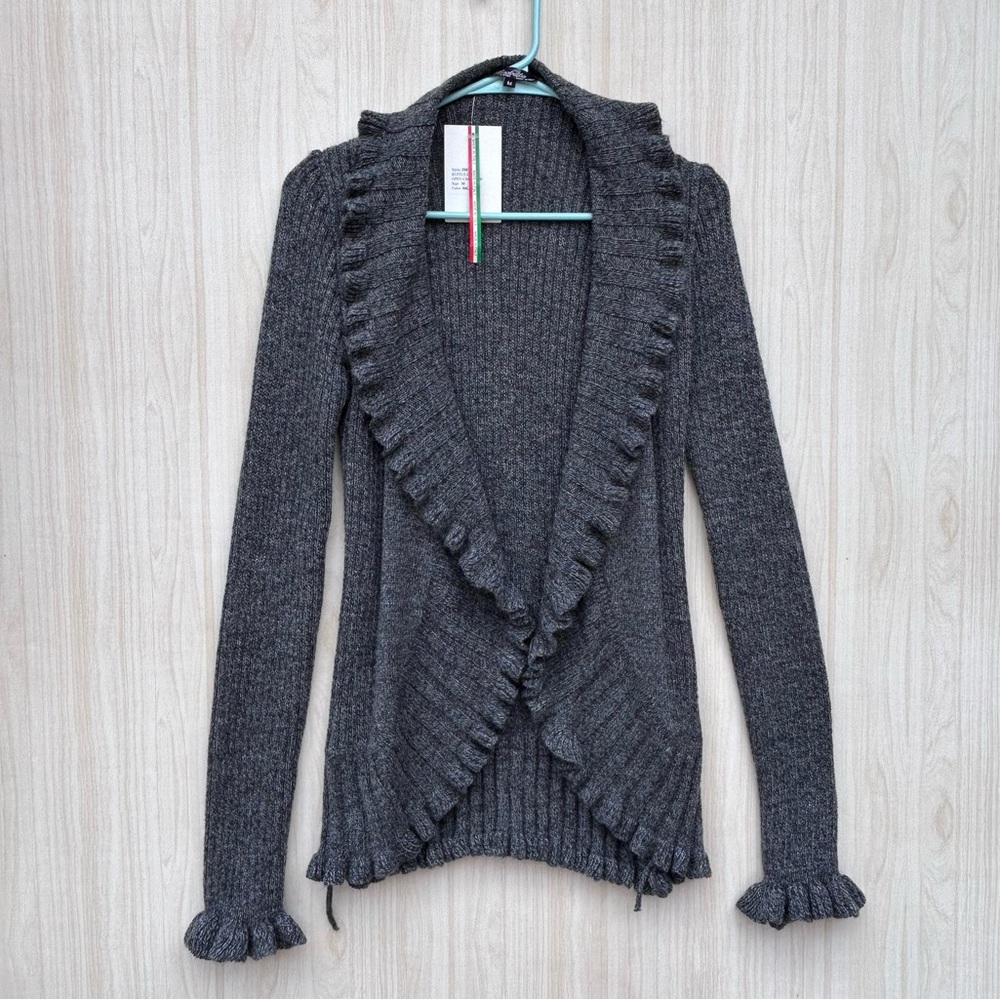 Elisabetta Collection Size M Gray Wool Blend Open Cardigan Sweater Ruffle